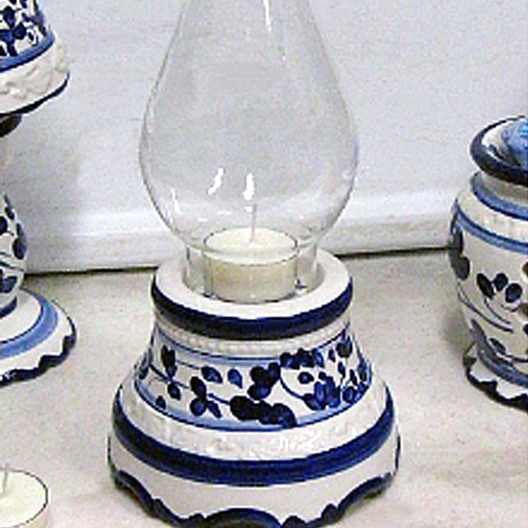 ACK Other - Glass Hurricane Lamp Blue & White Ceramic Base w 7-Hr Tea Light 4 Pack Box NIB